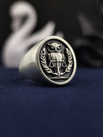 Load image into Gallery viewer, This 3D silver owl ring is a stunning statement piece, crafted with fine details to capture the wise and mysterious nature of the owl. Made in solid silver with a matte finish, this custom-designed bird ring is perfect for those who love nature and symbolism. Whether worn as a personal talisman or gifted to an owl lover, this unique handcrafted ring embodies wisdom, intuition, and strength in a refined jewelry form.