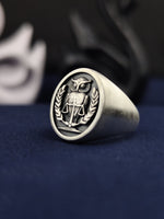 Load image into Gallery viewer, Inspired by the mysterious beauty of the owl, this silver signet ring features a bold 3D design and a smooth matte finish. A perfect fusion of artistry and craftsmanship, this unique owl ring is a must-have for animal lovers, bird watchers, and those who appreciate meaningful jewelry. Whether as a keepsake or a fashion statement, this piece is sure to impress.