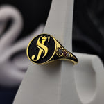 Load image into Gallery viewer, A timeless personalized name ring, crafted in gold-plated metal with a delicate gemstone detail. This elegant and dainty ring is perfect for stacking or wearing alone, making it an essential accessory for any woman’s jewelry collection. A wonderful keepsake that celebrates love, identity, and cherished memories.