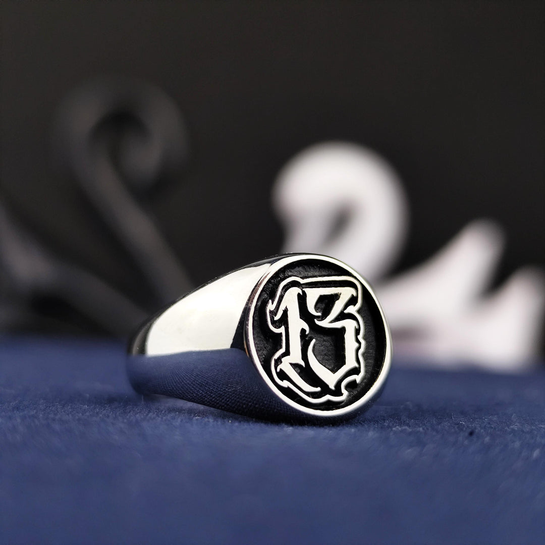 Custom Engraved Number Signet Ring with Old English Lettering, Personalized Jewelry Gift