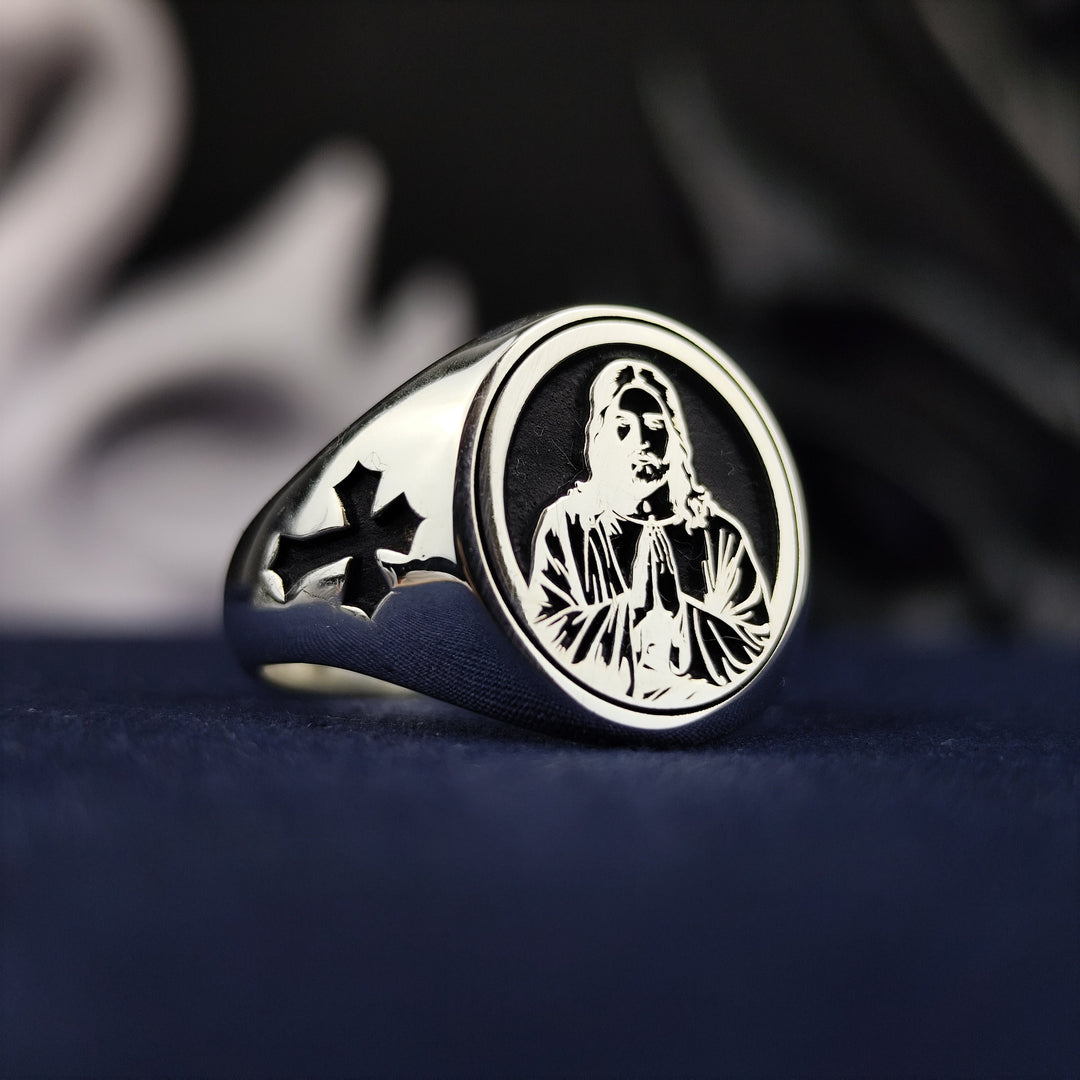 Silver Christian Jesus Face Ring Catholic Cross Jewelry Gift for Men
