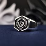 Load image into Gallery viewer, Silver men’s graduation ring with a hexagonal shape, perfect for marking academic milestones. A classic and meaningful piece.