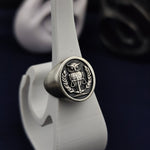 Load image into Gallery viewer, This handmade 3D silver owl ring features an intricately detailed owl design, symbolizing knowledge and protection. The matte finish enhances its unique and artistic look, making it an ideal choice for those who appreciate custom nature-inspired jewelry. Whether as a personal piece or a special gift, this owl signet ring is a bold and meaningful addition to any jewelry lover’s collection.