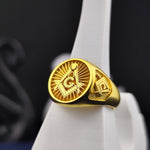 Load image into Gallery viewer, Unique Masonic ring crafted with a bold gold design. Perfect for those who wish to showcase their Freemason pride in a modern yet classic way.