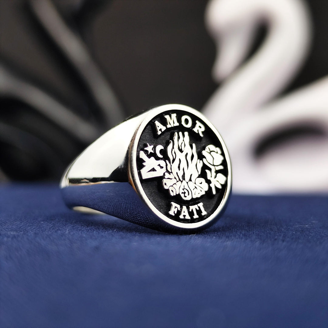 Unique Amor Fati Signet Ring with Silver Skull and Gothic Design