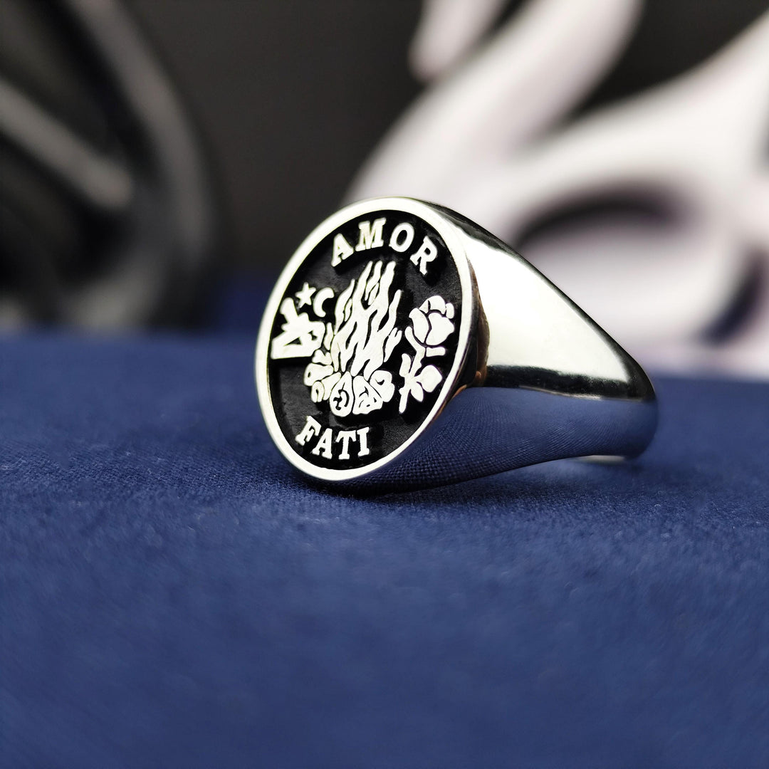 Unique Amor Fati Signet Ring with Silver Skull and Gothic Design