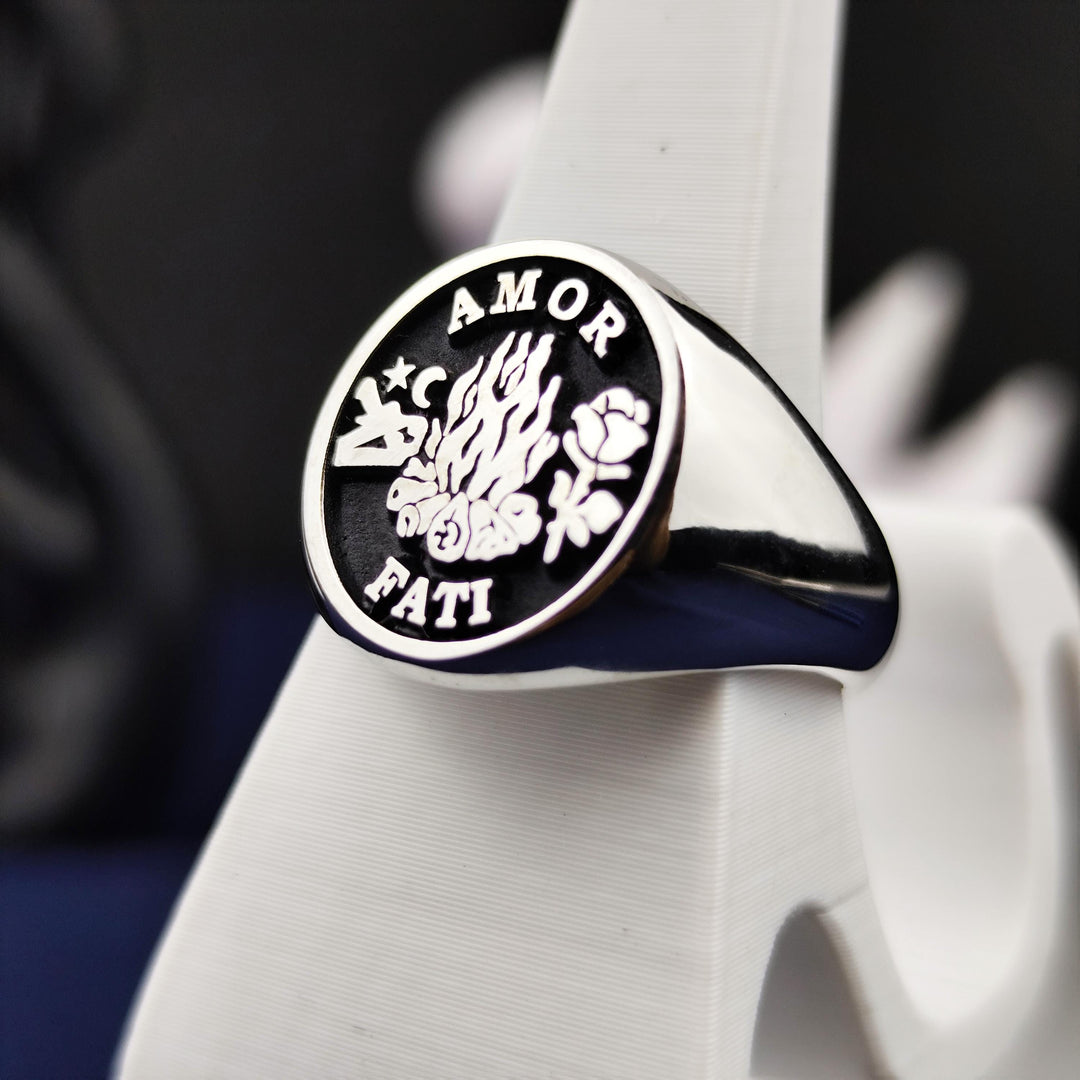 Unique Amor Fati Signet Ring with Silver Skull and Gothic Design