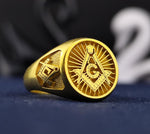Load image into Gallery viewer, Unique Mason ring crafted in high-quality gold, featuring a distinct Freemason emblem. This elegant ring is ideal for those who appreciate unique Masonic designs.