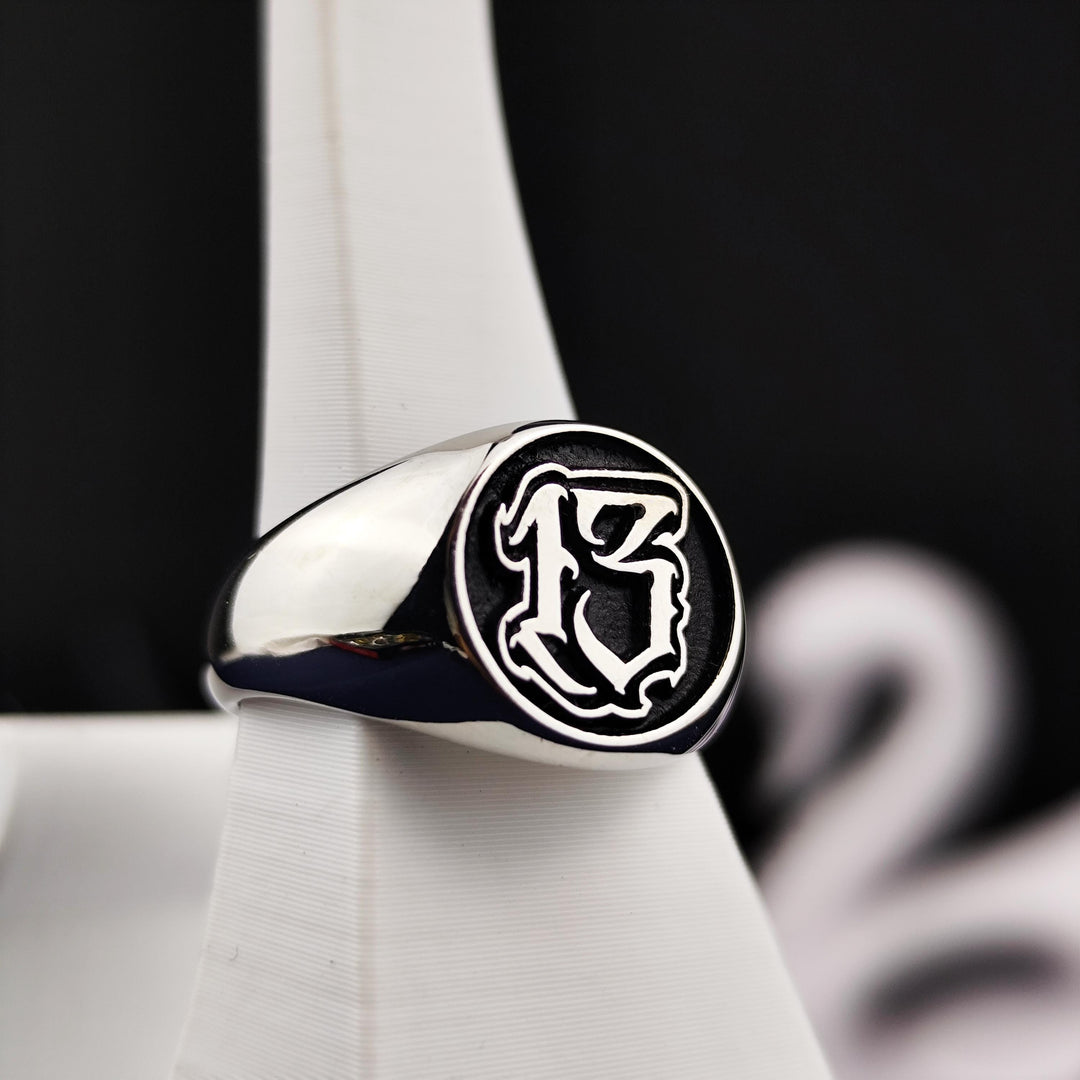 Custom Engraved Number Signet Ring with Old English Lettering, Personalized Jewelry Gift