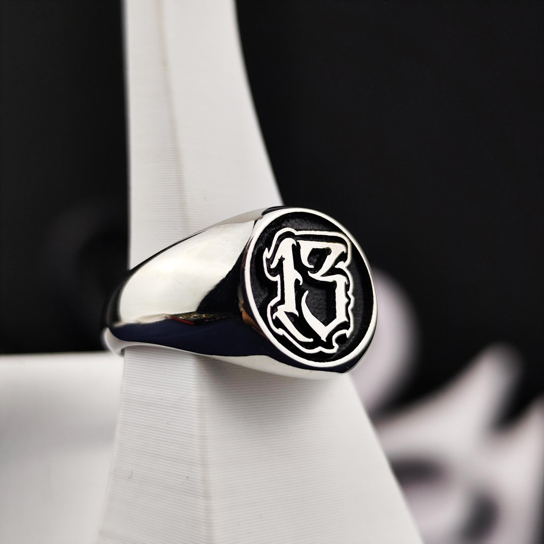 Custom Engraved Number Signet Ring with Old English Lettering, Personalized Jewelry Gift