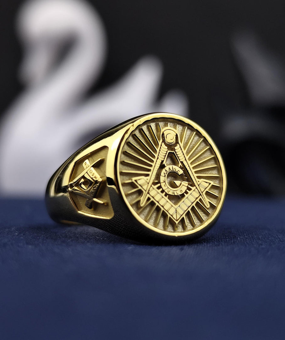 Gold Plated Masonic Signet Ring with G Emblem For Master Mason Personalized Initial