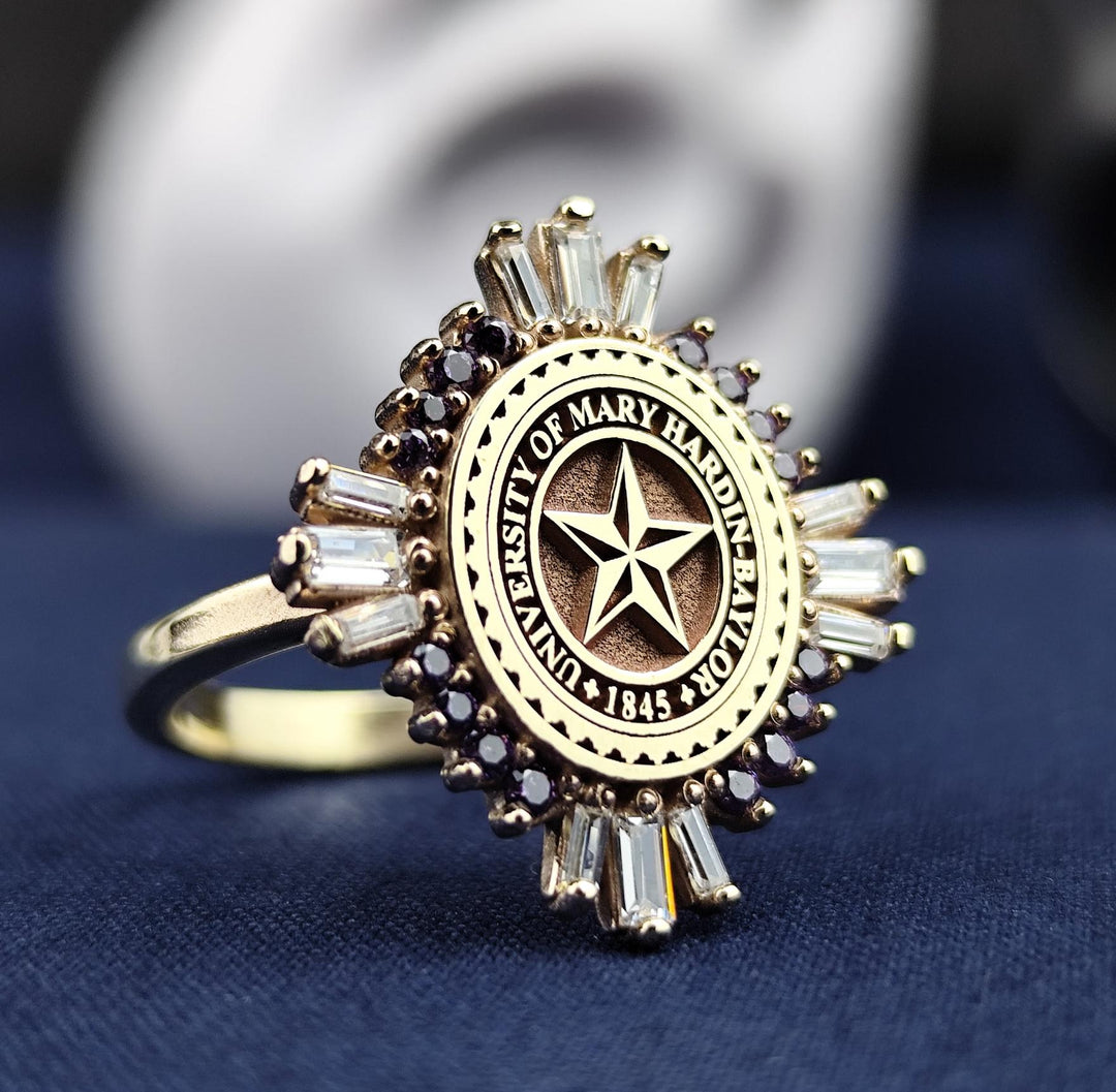 This 14K gold university ring features a sleek baguette stone, creating an elegant and minimalistic design for women who appreciate refined jewelry. Whether as a personalized class ring or a graduation keepsake, this gold signet ring represents accomplishment and style. A meaningful and beautiful piece that captures the essence of success and sophistication.