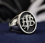 Load image into Gallery viewer, Men’s monogram ring with custom initials engraving in gold, designed as a classic signet ring. Perfect for everyday elegance, it’s a thoughtful and stylish gift for any man.