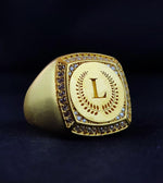 Load image into Gallery viewer, Men’s gold initial ring with a custom engraved letter, perfect for adding a personal touch. This elegant signet ring combines style and meaning for everyday wear.