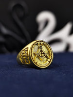 Load image into Gallery viewer, Celebrate Masonic tradition with this handcrafted vermeil signet ring, designed for men in the Freemasonry brotherhood. This custom Masonic lodge ring features a square and compass engraving along with a lodge number personalization. Made of sterling silver with thick gold plating, it offers both elegance and durability. A meaningful and symbolic ring, ideal for members seeking a distinguished, personalized Masonic emblem.