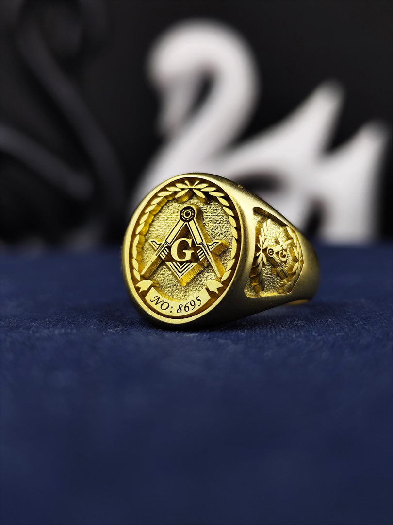 Designed for Masons, this vermeil signet ring showcases a beautifully engraved square and compass emblem with a customizable lodge number. Crafted in sterling silver and thick gold plating, it is a stunning tribute to Freemasonry’s legacy. Whether as a personal statement piece or a meaningful gift, this gold Masonic ring offers elegance, tradition, and timeless craftsmanship for devoted members.