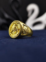 Load image into Gallery viewer, A meaningful Freemason lodge ring in high-quality vermeil, featuring an engraved square and compass with a customizable lodge number. This men’s signet ring is crafted to honor Masonic brotherhood, making it an exceptional gift for a member, mentor, or collector. Gold-plated for durability and style, it is an elegant and timeless symbol of dedication, fraternity, and Masonic heritage.