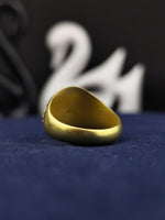 Load image into Gallery viewer, This gold-plated Masonic lodge ring is a striking signet piece, engraved with a square and compass design alongside a custom lodge number. Crafted in sterling silver with a vermeil finish, it balances tradition with elegance. Ideal for Masons who seek a sophisticated, wearable symbol of their brotherhood. A perfect keepsake or ceremonial piece for dedicated members of the Freemasonry fraternity.