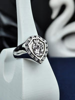 Load image into Gallery viewer, A refined and luxurious heraldic ring, this shield-shaped family crest signet features black and white gemstones, symbolizing strength and balance. Crafted with meticulous detail, it is a timeless statement piece for those who honor their lineage. A perfect custom heirloom ring that makes an unforgettable gift for those who appreciate history and regal jewelry.