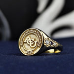 Load image into Gallery viewer, This custom minimalist college ring is an elegant and dainty jewelry piece, designed for women who appreciate simplicity. Crafted in gold or silver, this lightweight university signet ring is ideal for daily wear. A perfect graduation gift or meaningful keepsake for students and alumni, celebrating academic success in a subtle and sophisticated way.