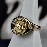 Load image into Gallery viewer, A refined and delicate university ring, designed for women who prefer minimal and elegant jewelry. Made in gold or silver, this dainty graduation ring is perfect for celebrating milestones with a simple yet meaningful keepsake. Whether worn alone or stacked with other rings, this sleek design offers timeless beauty for students and alumni alike.