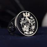 Load image into Gallery viewer, Silver coat of arms ring, designed as a custom family keepsake. A meaningful and stylish addition to any jewelry collection.
