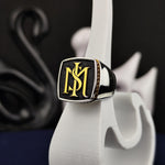 Load image into Gallery viewer, Monogrammed silver ring for men with a central stone, offering a sophisticated design perfect for daily wear or commemorating special moments in style.