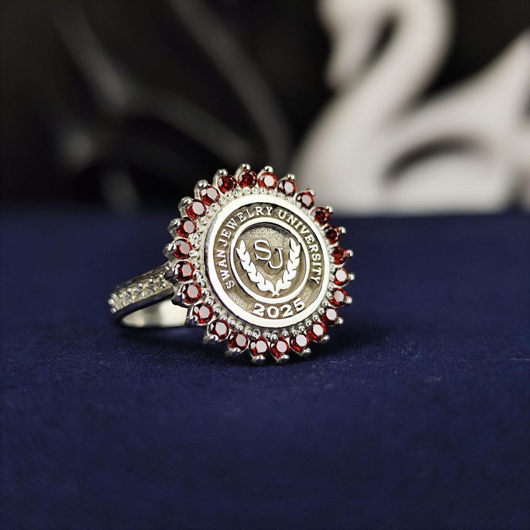 Stylish silver university ring for women with a round shape, ideal for marking milestones. This timeless piece combines elegance with versatility, making it perfect for gifting or personal use.