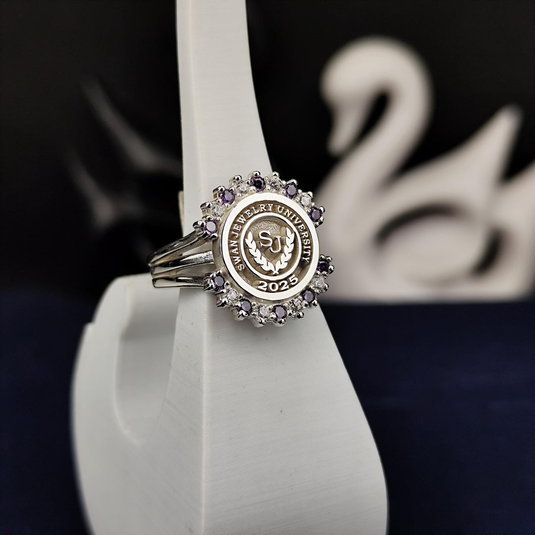 Stylish school ring for women, crafted with purple and white stones in a custom design. This elegant piece celebrates academic milestones with timeless sophistication.