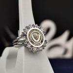 Load image into Gallery viewer, Unique university ring for women, featuring vibrant purple and white stones in a sleek design. A meaningful accessory to honor academic achievements.