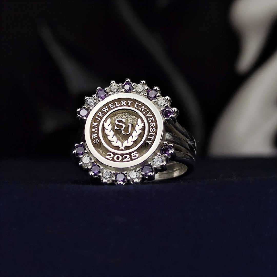 Elegant purple and white stone university ring for women, designed as a stylish and meaningful accessory to mark educational accomplishments.