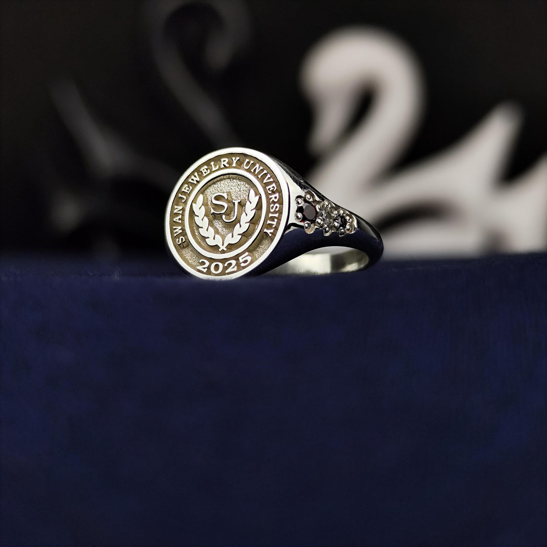 Custom three-stone university ring for women, crafted with a sleek and modern design. This piece symbolizes educational success and makes a thoughtful graduation gift.