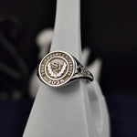 Load image into Gallery viewer, Custom-designed university ring for women, featuring three stones and a sleek finish. This school ring celebrates academic success with style and sophistication.