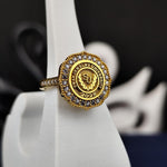 Load image into Gallery viewer, Elegant gold-plated university ring for women, featuring a polished white stone. This stylish accessory is ideal as a graduation gift or keepsake for alumni.