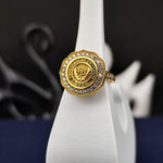 Load image into Gallery viewer, Gold-plated college ring with a refined white stone centerpiece, perfect for women who appreciate meaningful and elegant jewelry.