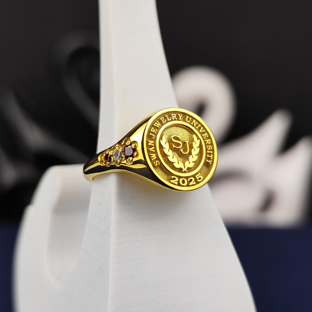 Elegant gold-plated graduation ring for women with a minimalist design, blending modern style with academic pride.