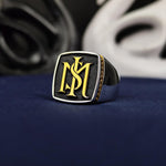Load image into Gallery viewer, Personalized men’s silver ring with a polished stone and two custom initials. Ideal as a gift for celebrating achievements, milestones, or simply as a unique keepsake.