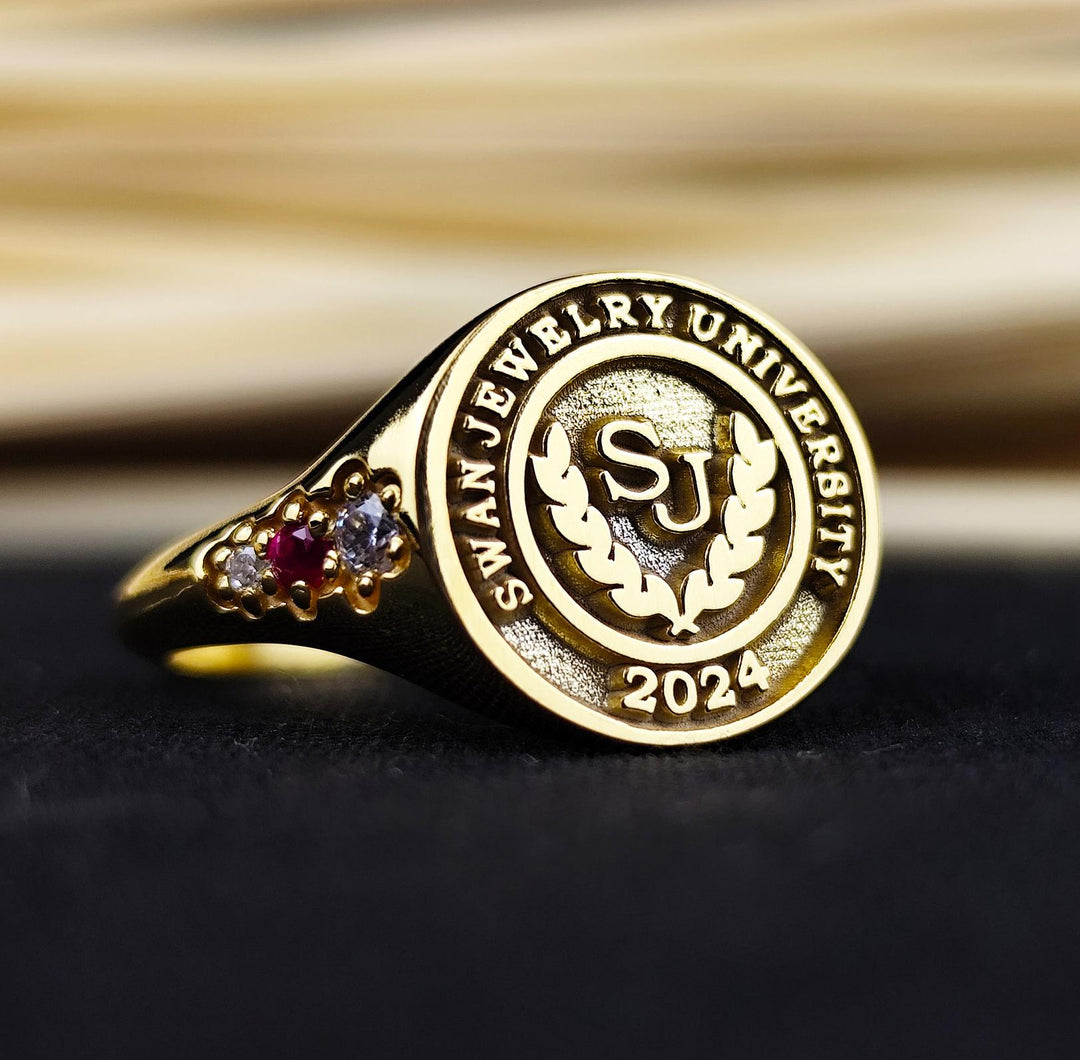 Minimalist gold university ring for women, designed to celebrate academic success with understated elegance. A timeless graduation accessory.