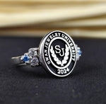 Load image into Gallery viewer, Elegant university ring with a set stone, crafted for women in high-quality silver. Ideal as a graduation keepsake, this ring represents pride and accomplishment.