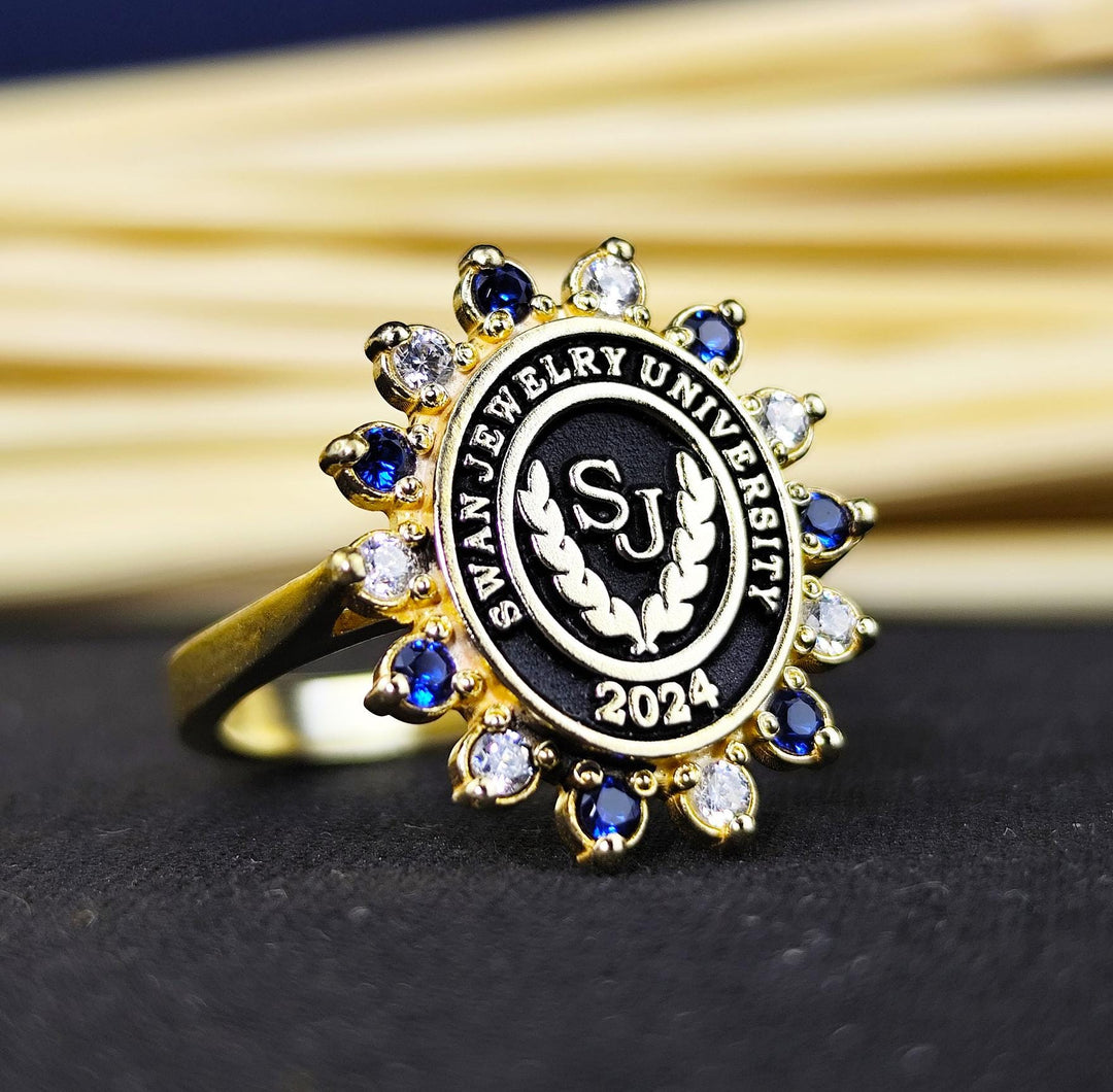 Delicate graduation ring with colorful stones, crafted in gold. Perfect as a keepsake for women, symbolizing academic success and cherished memories.
