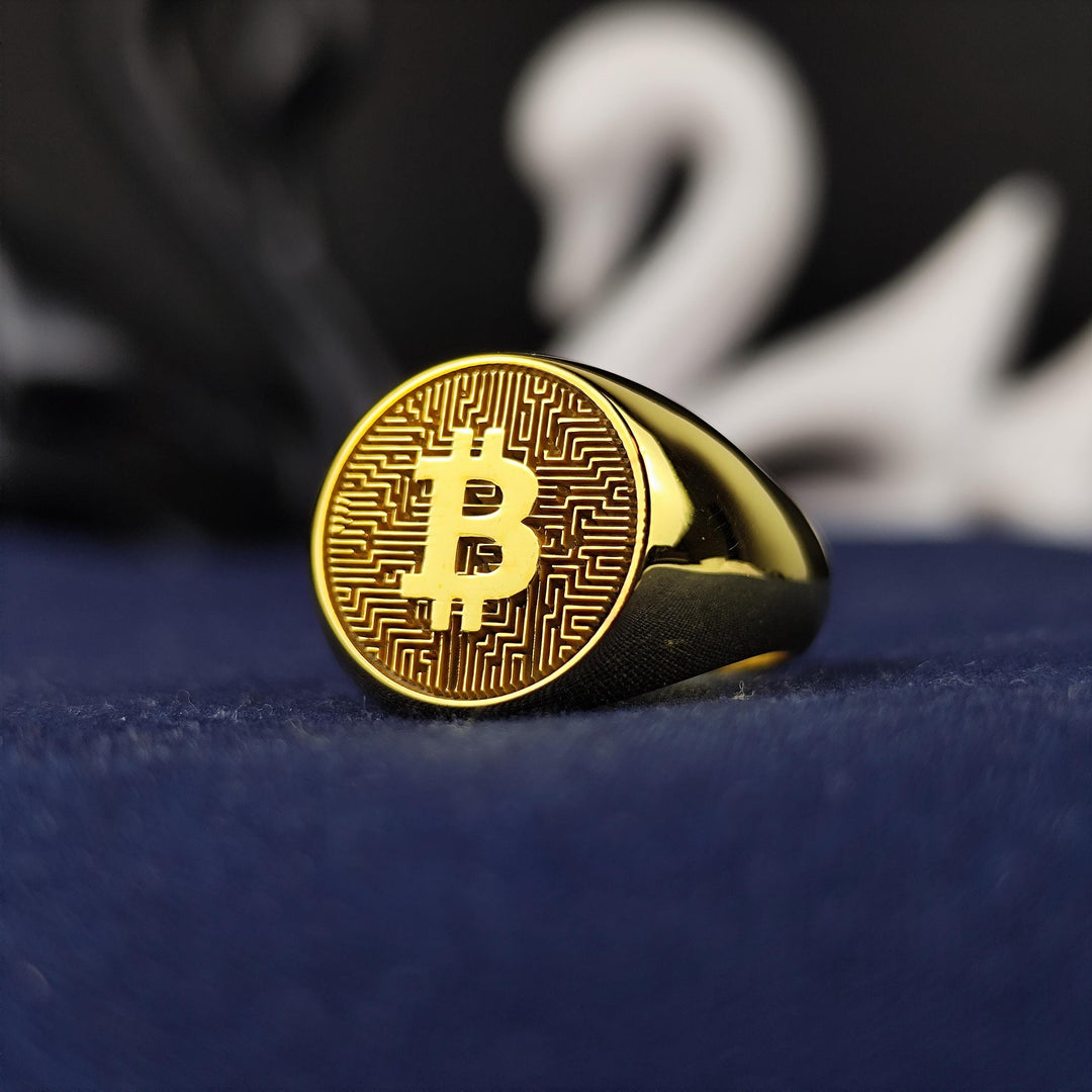 Unique Bitcoin gold ring, symbolizing the power of digital currency and blockchain technology. A versatile and elegant accessory for daily wear.