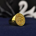 Load image into Gallery viewer, Gold-plated Bitcoin ring designed to symbolize digital wealth and blockchain innovation. A stylish and meaningful gift for crypto supporters and investors.