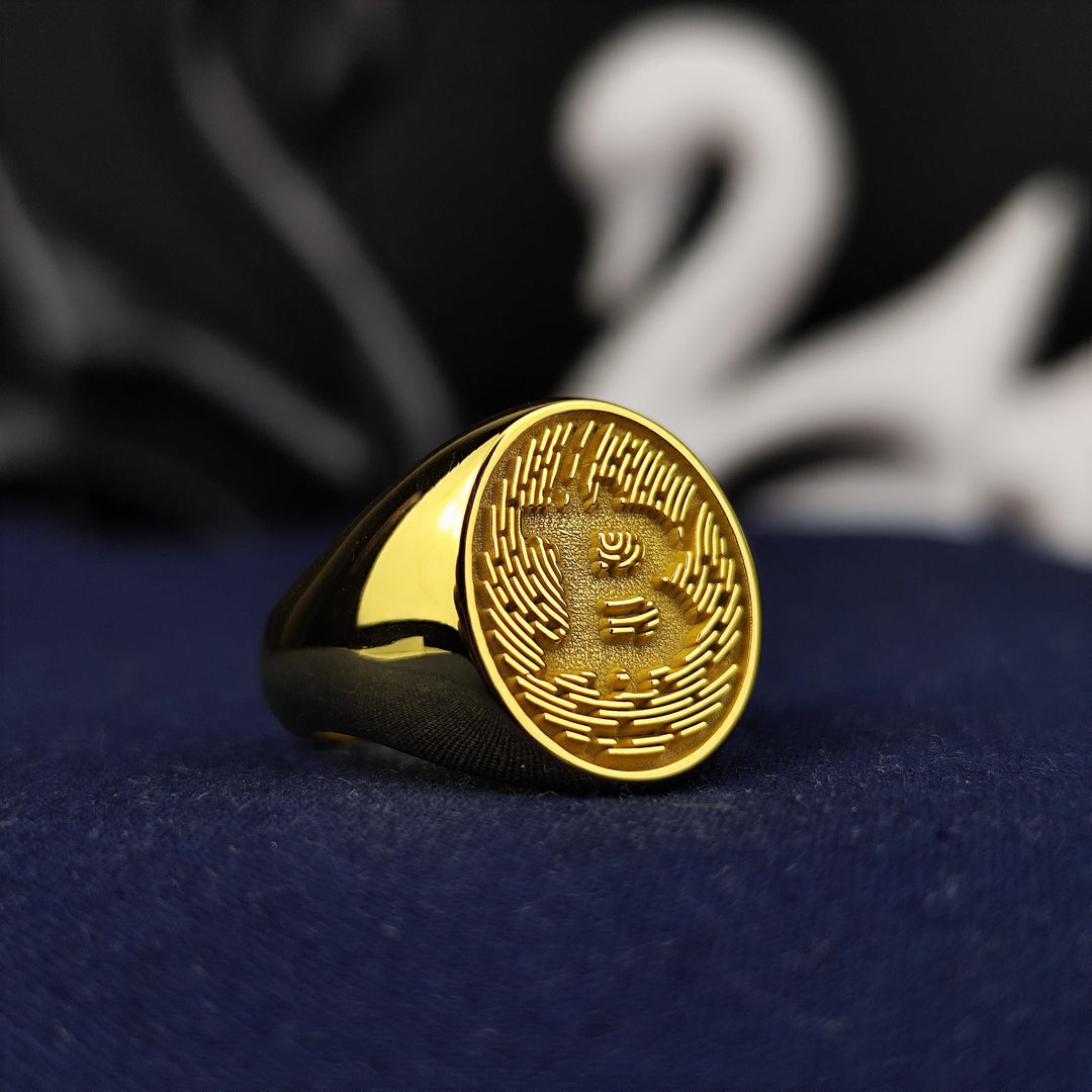 Gold-plated Bitcoin ring designed to symbolize digital wealth and blockchain innovation. A stylish and meaningful gift for crypto supporters and investors.