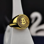 Load image into Gallery viewer, Gold-plated Bitcoin band ring, combining elegance with the digital age. A unique way to show support for cryptocurrency and blockchain advancement.