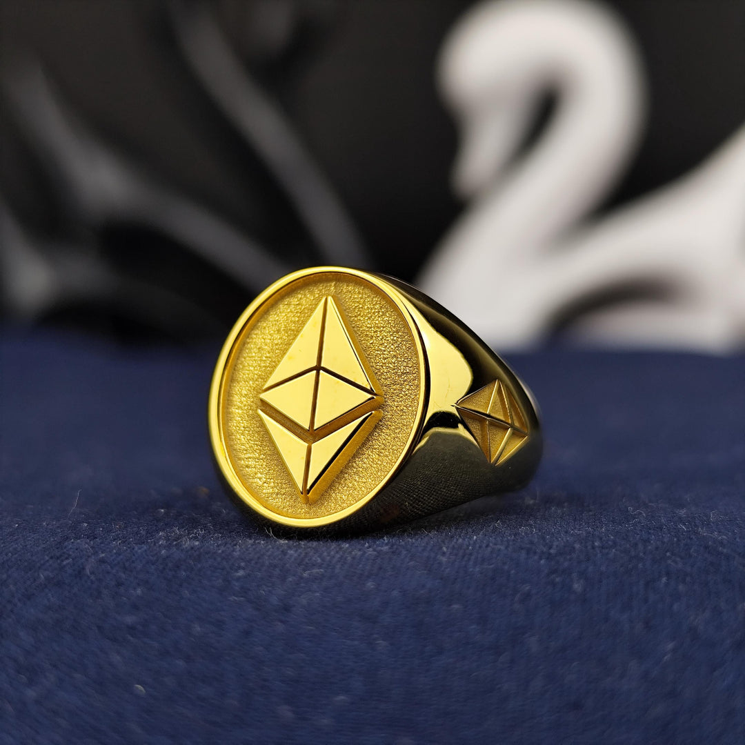 Custom gold Ethereum ring, offering a minimalist and modern design that represents the power of blockchain technology and financial independence.