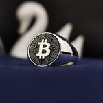 Load image into Gallery viewer, Minimalist Bitcoin ring crafted in sterling silver, offering a bold and sleek design. Ideal for everyday wear or special occasions for blockchain enthusiasts.