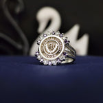 Load image into Gallery viewer, Elegant women’s university ring with vibrant purple and white stones, designed as a timeless academic keepsake. This ring blends modern style with meaningful symbolism for graduates or alumni.