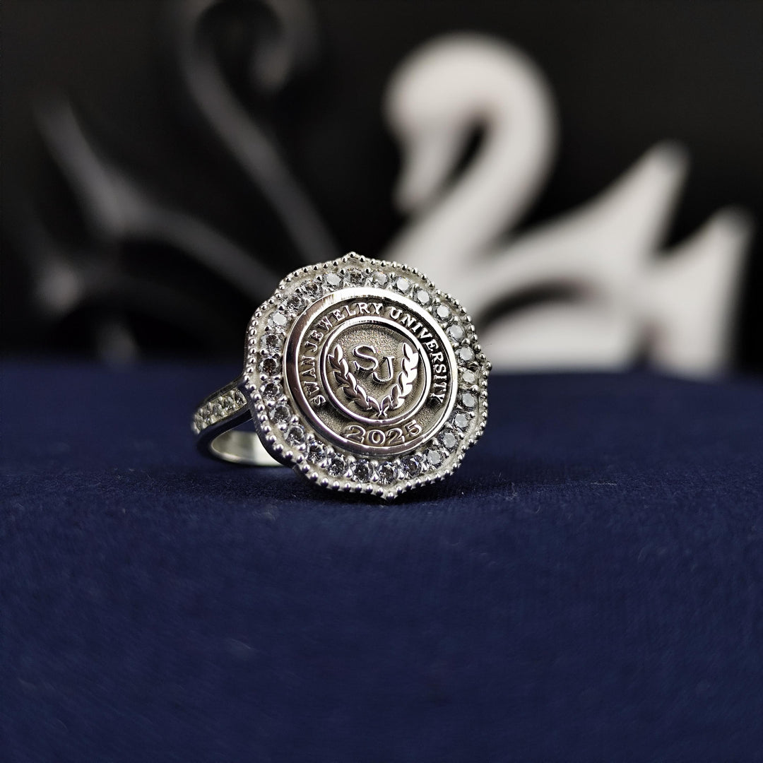 Elegant white stone university ring for women, crafted with a refined design. This stylish piece is perfect as a meaningful graduation gift or daily accessory.