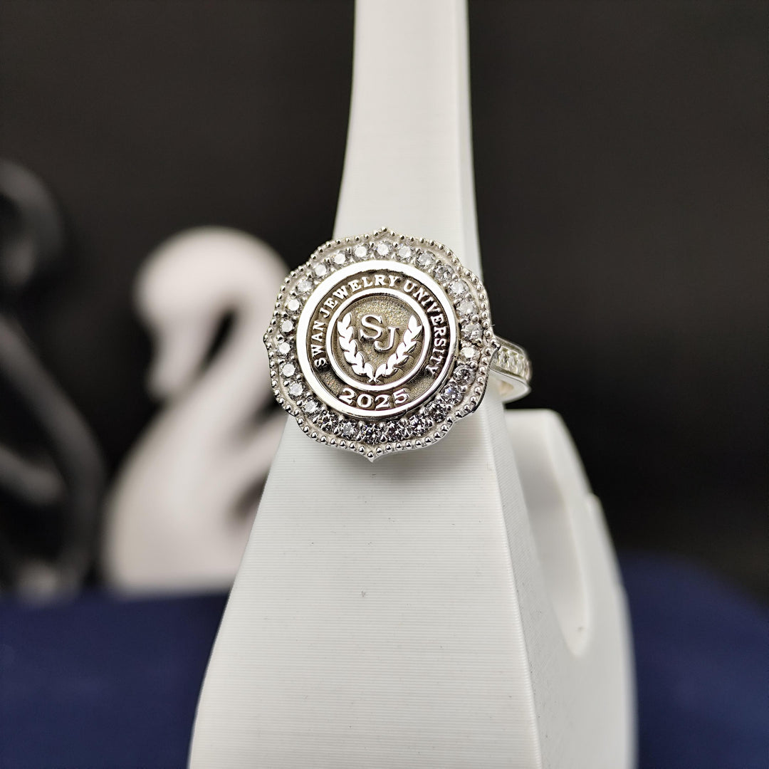 Minimalist white stone college ring for women, combining modern design with timeless style. A perfect keepsake for proud graduates.