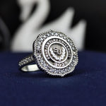 Load image into Gallery viewer, Women’s university ring featuring a central white stone, designed for elegance and academic pride. Perfect for celebrating graduation and honoring educational achievements.